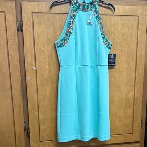 Boston Proper Teal Dress with Embellished Trim
